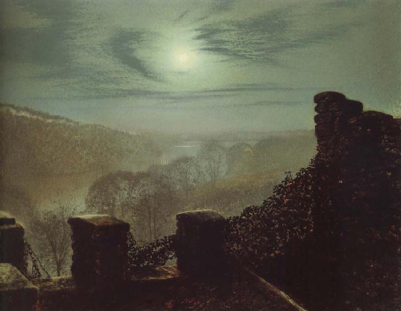 Atkinson Grimshaw Full Moon Behind Cirrus Cloud From the Roundhay Park Castle Battlements